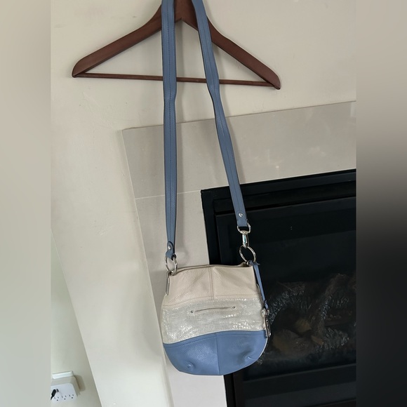 ▶️ B Makowsky Colorblock Leather Crossbody Bag Cream Silver Blue EXCELLENT - Picture 5 of 16
